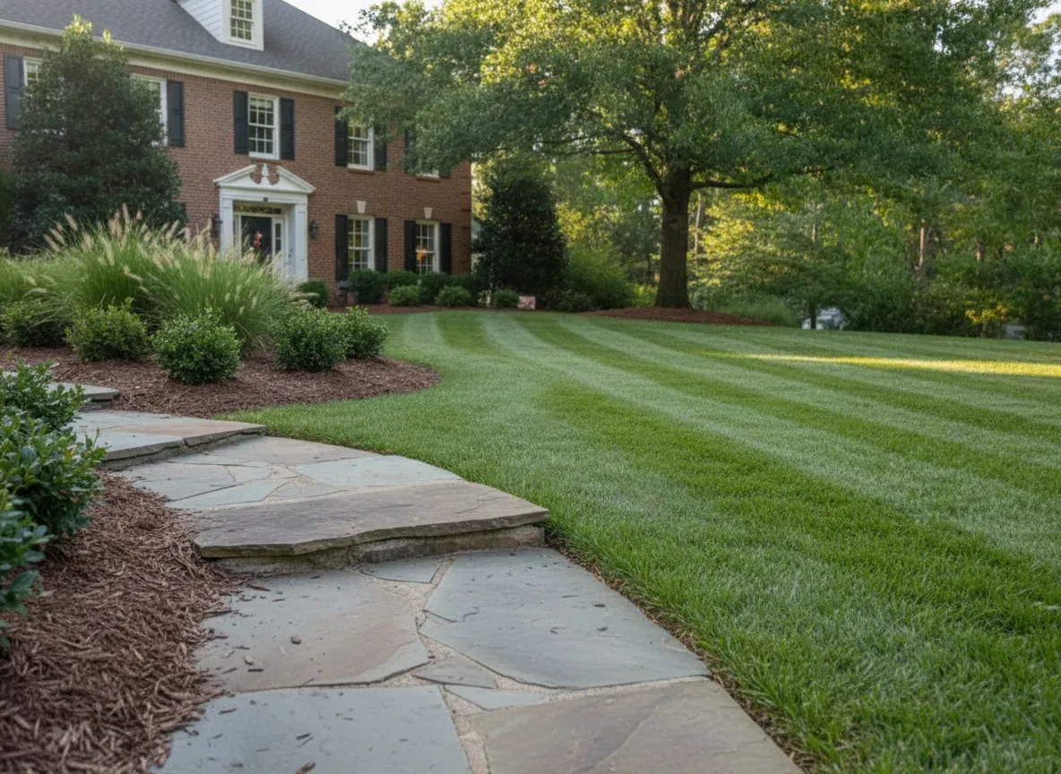 A crisply mowed and edged residential lawn beside a natural stone walkway and mulched planting beds