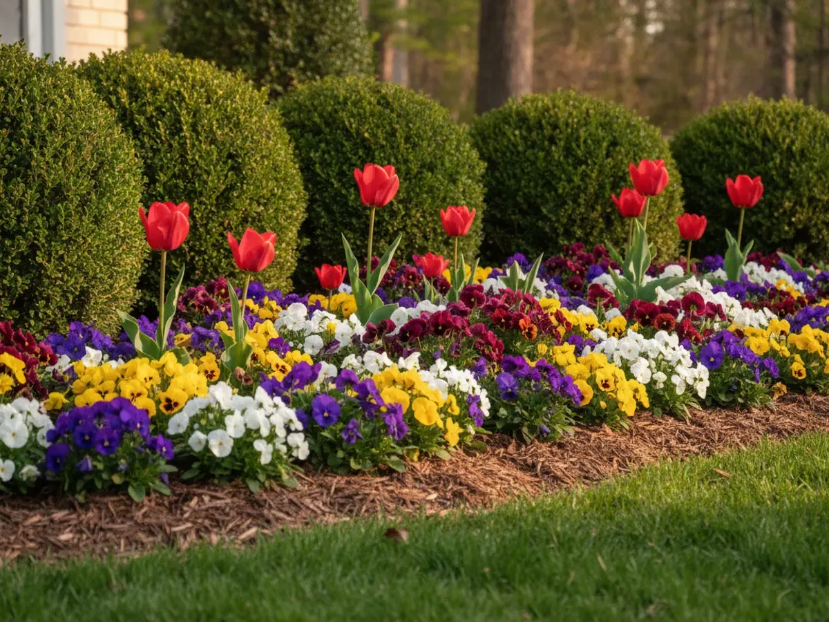 A freshly planted spring flower bed of tulips, pansies, and violas in reds, yellows, and purples against low green shrubs